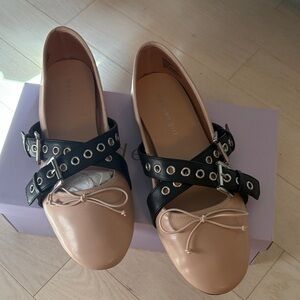 Madden Girl Black and Tan Flats with Buckle Detail